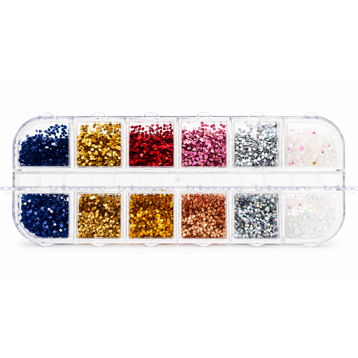MINI ACETATOS MULTICOLOR EN PASTILLERO CORAZÓN Y ESTRELLA (12 ESPACIOS)